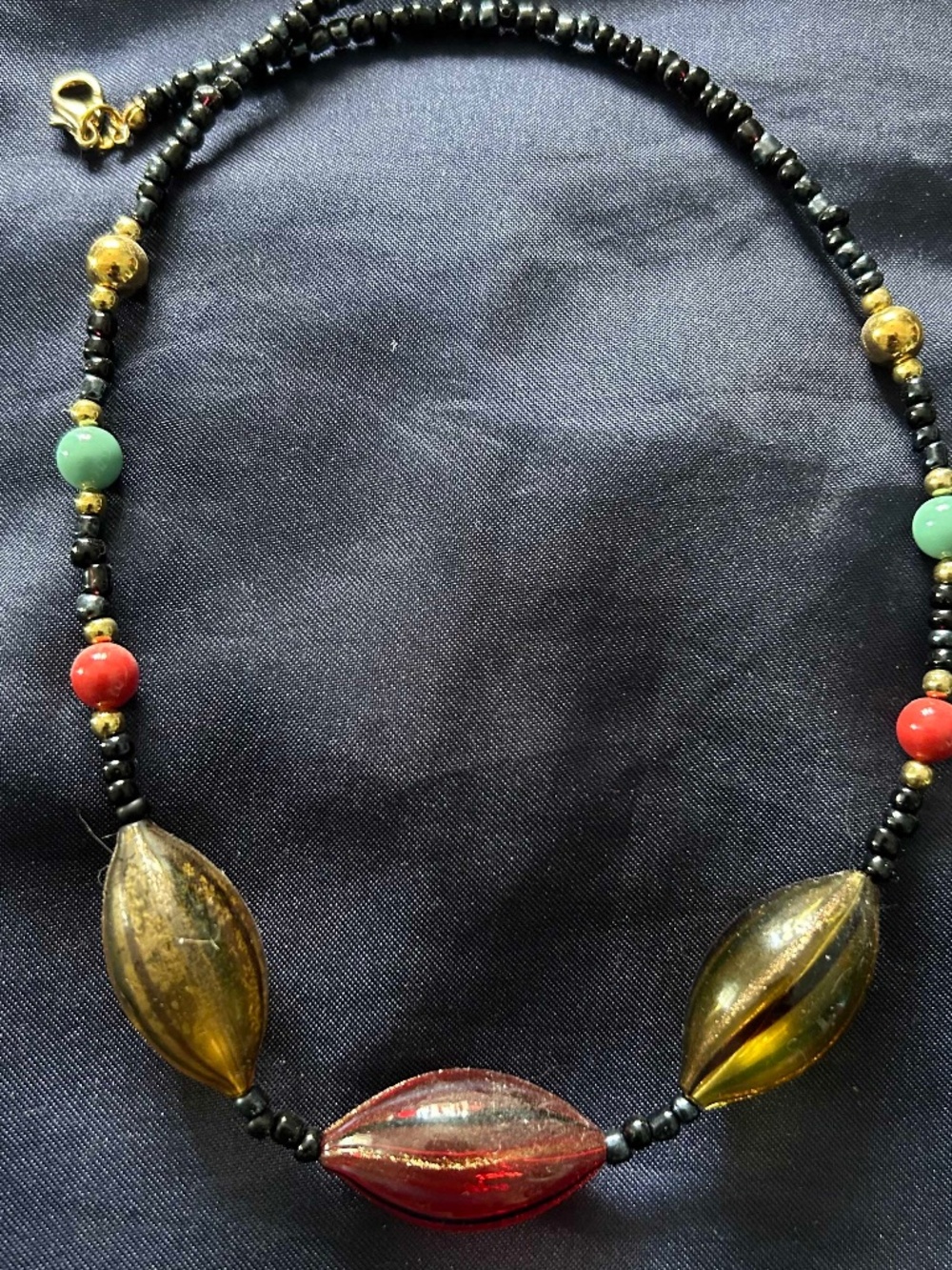 NECKLACE BLOWN GLASS OVALS ORANGE & GOLD WITH GLASS BEADS RED/GREEN & GOLD TONE